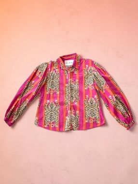 FOX & HEN Tiger Striped Orange &‎ Pink Top Balloon Sleeve Button Up Shirt